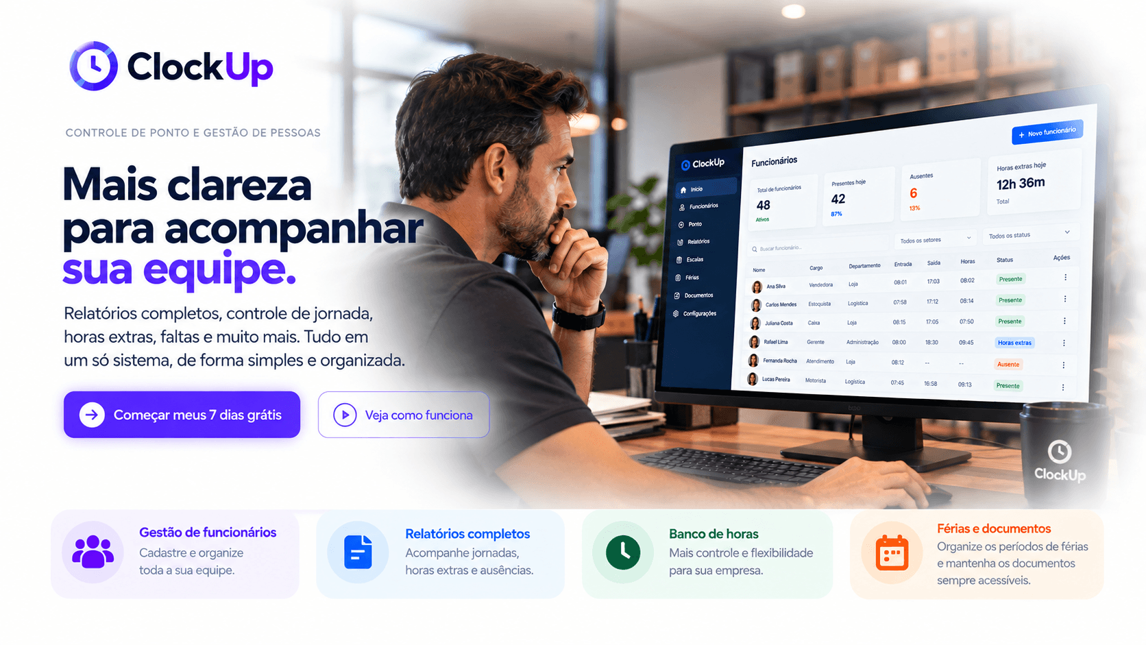 Gestor analisando relatórios do ClockUp em um computador